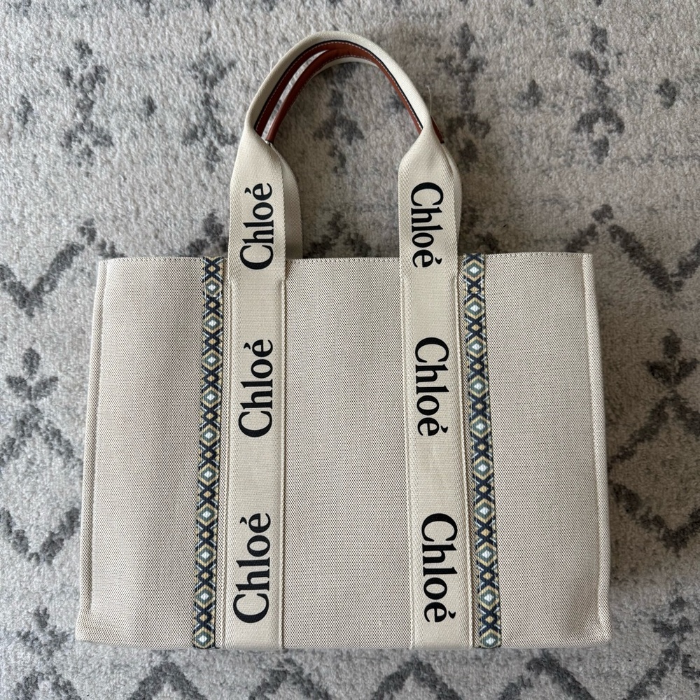 Chloé Beige Canvas Logo Tote with Patterned Trim